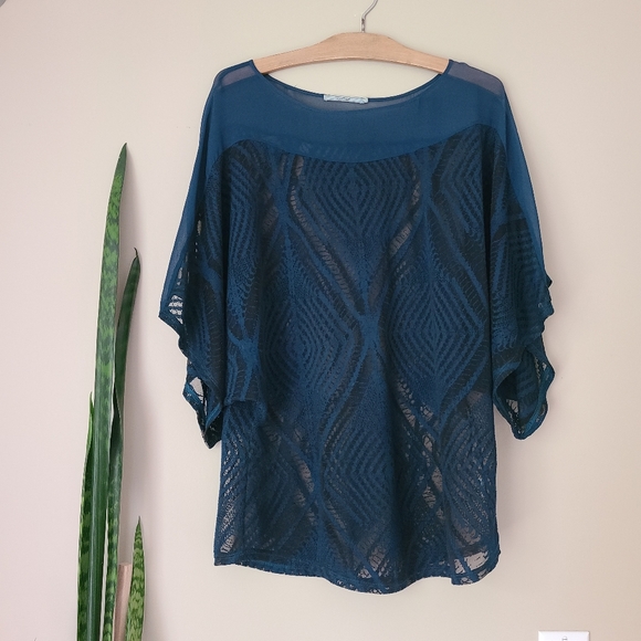 LANGUAGE | Dark Blue & Black Bat Wing Blouse - Picture 1 of 4